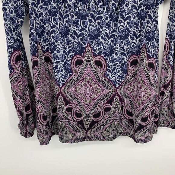 Lizwear Top Blue Floral Printed Long Sleeve Peasant Mesh - Picture 5 of 8